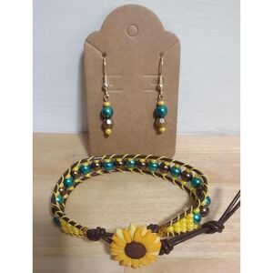 Sunshine Supreme Jewelry Set Handmade Leather Wrap Bracelet Sunflower Earrings